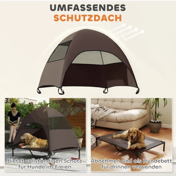 Hondenligstoel outdoor met dak, verhoogd hondenbed voor grote honden, verkoelend huisdierligbed met wasbaar mesh metalen frame draagtas, huisdierbed voor buiten kamperen 106x76x99cm, koffie 5