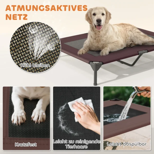 Hondenligstoel outdoor met dak, verhoogd hondenbed voor grote honden, verkoelend huisdierligbed met wasbaar mesh metalen frame draagtas, huisdierbed voor buiten kamperen 106x76x99cm, koffie 7
