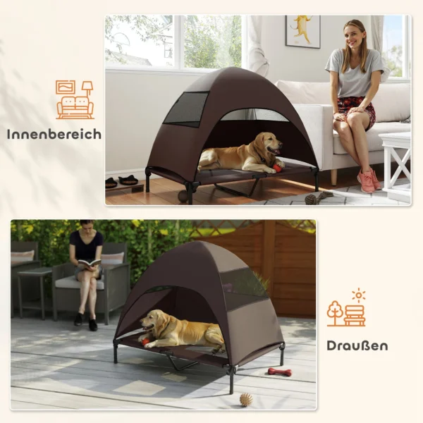 Hondenligstoel outdoor met dak, verhoogd hondenbed voor grote honden, verkoelend huisdierligbed met wasbaar mesh metalen frame draagtas, huisdierbed voor buiten kamperen 106x76x99cm, koffie 8