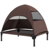 Hondenligstoel outdoor met dak, verhoogd hondenbed voor middelgrote honden, verkoelende huisdierligstoel met wasbaar mesh metalen frame draagtas, huisdierbed voor buiten kamperen 76x61x71cm, koffie 1