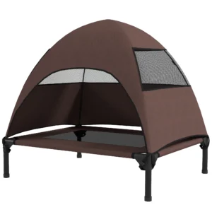 Hondenligstoel outdoor met dak, verhoogd hondenbed voor middelgrote honden, verkoelende huisdierligstoel met wasbaar mesh metalen frame draagtas, huisdierbed voor buiten kamperen 76x61x71cm, koffie 1
