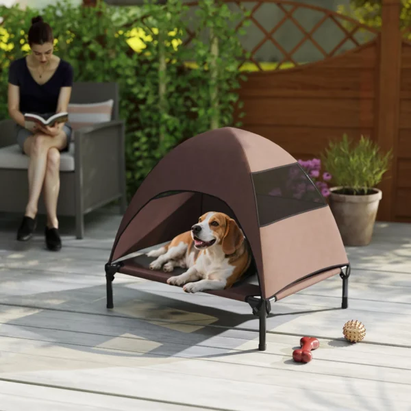 Hondenligstoel outdoor met dak, verhoogd hondenbed voor middelgrote honden, verkoelende huisdierligstoel met wasbaar mesh metalen frame draagtas, huisdierbed voor buiten kamperen 76x61x71cm, koffie 10