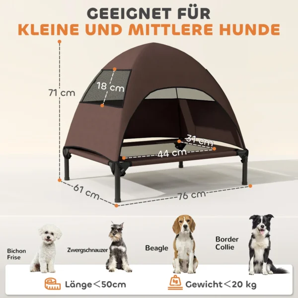 Hondenligstoel outdoor met dak, verhoogd hondenbed voor middelgrote honden, verkoelende huisdierligstoel met wasbaar mesh metalen frame draagtas, huisdierbed voor buiten kamperen 76x61x71cm, koffie 4