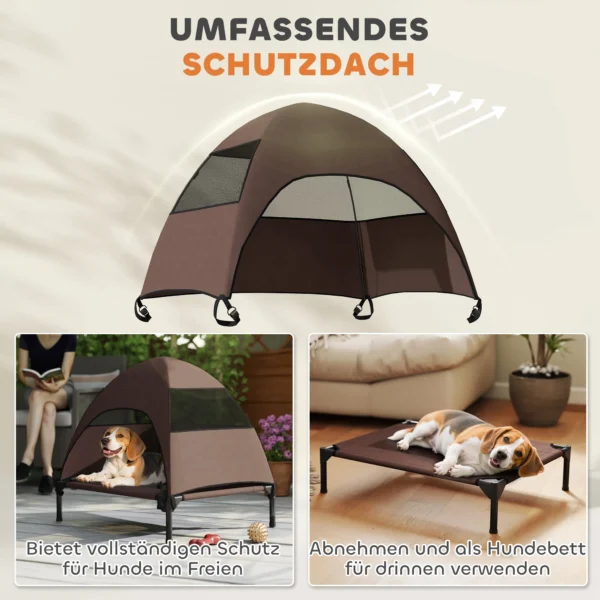 Hondenligstoel outdoor met dak, verhoogd hondenbed voor middelgrote honden, verkoelende huisdierligstoel met wasbaar mesh metalen frame draagtas, huisdierbed voor buiten kamperen 76x61x71cm, koffie 5