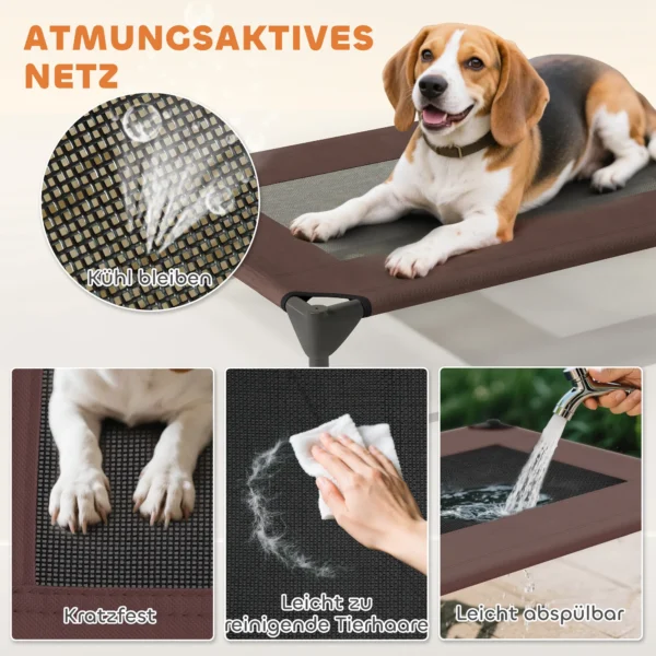 Hondenligstoel outdoor met dak, verhoogd hondenbed voor middelgrote honden, verkoelende huisdierligstoel met wasbaar mesh metalen frame draagtas, huisdierbed voor buiten kamperen 76x61x71cm, koffie 7