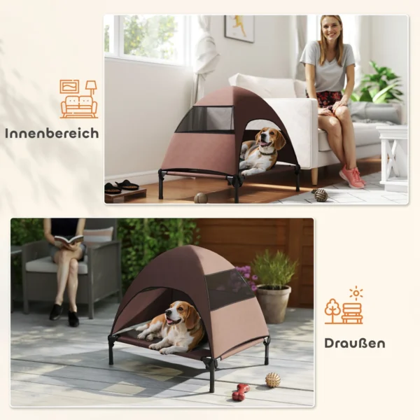 Hondenligstoel outdoor met dak, verhoogd hondenbed voor middelgrote honden, verkoelende huisdierligstoel met wasbaar mesh metalen frame draagtas, huisdierbed voor buiten kamperen 76x61x71cm, koffie 8