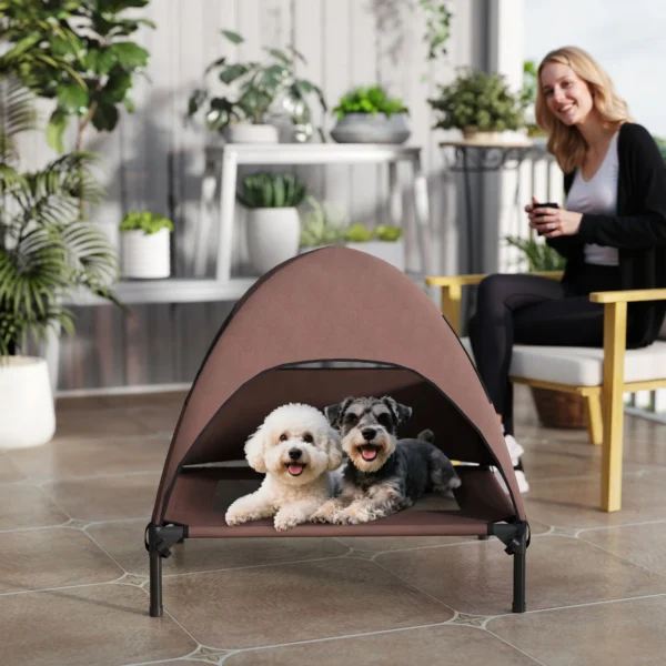 Hondenligstoel outdoor met dak, verhoogd hondenbed voor middelgrote honden, verkoelende huisdierligstoel met wasbaar mesh metalen frame draagtas, huisdierbed voor buiten kamperen 76x61x71cm, koffie 9