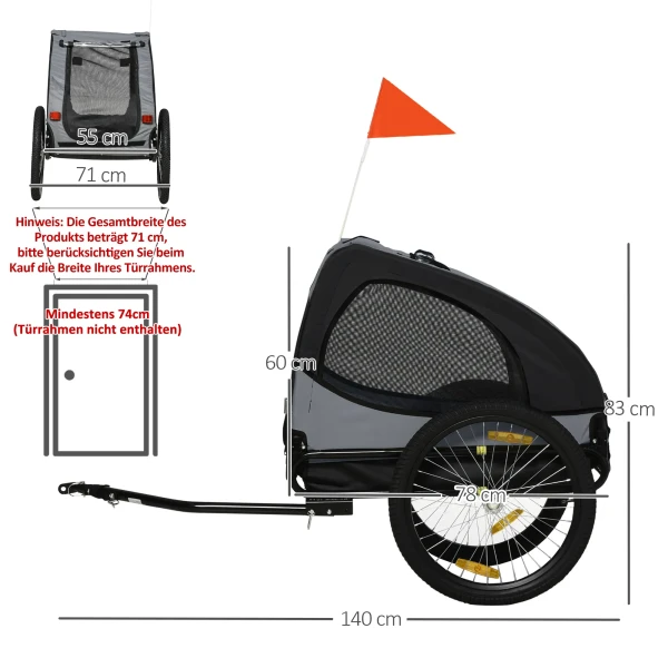 Hondentransportaanhangwagen tot 20kg voor middelgrote honden, met netvensters, veiligheidslijn, 140x71x83cm, oxford stof, zwart 4