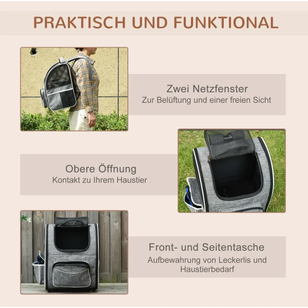 Hondentrolley 2 in 1 transporttas & huisdierrugzak voor honden en katten met deur & venster grijs 43x33x51,5cm voor reizen 10
