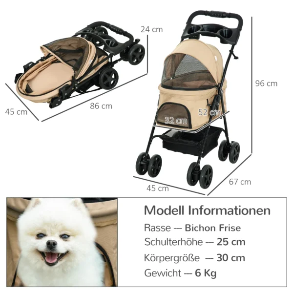 Hondenwagen hondenbuggy opvouwfunctie pet stroller voor kleine honden katten huisdierwagen oxford khaki 67x45x96cm 4