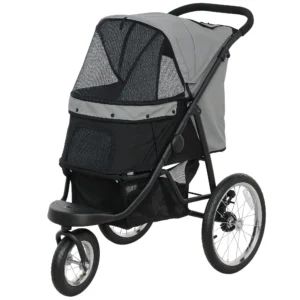Hondenwagen jogger opvouwbare hondenbuggy voor kleine honden & katten tot 10 kg, kattenbuggy met 3 grote rubberen wielen, kussen, netvensters, opbergmand, kattenwagen met veiligheidslijnen, grijs 1