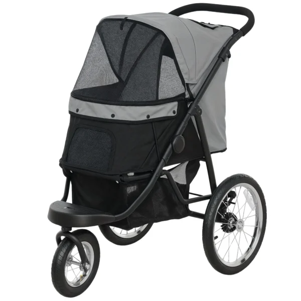 Hondenwagen jogger opvouwbare hondenbuggy voor kleine honden & katten tot 10 kg, kattenbuggy met 3 grote rubberen wielen, kussen, netvensters, opbergmand, kattenwagen met veiligheidslijnen, grijs 1