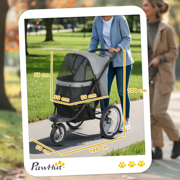 Hondenwagen jogger opvouwbare hondenbuggy voor kleine honden & katten tot 10 kg, kattenbuggy met 3 grote rubberen wielen, kussen, netvensters, opbergmand, kattenwagen met veiligheidslijnen, grijs 4
