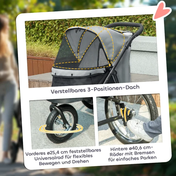 Hondenwagen jogger opvouwbare hondenbuggy voor kleine honden & katten tot 10 kg, kattenbuggy met 3 grote rubberen wielen, kussen, netvensters, opbergmand, kattenwagen met veiligheidslijnen, grijs 7