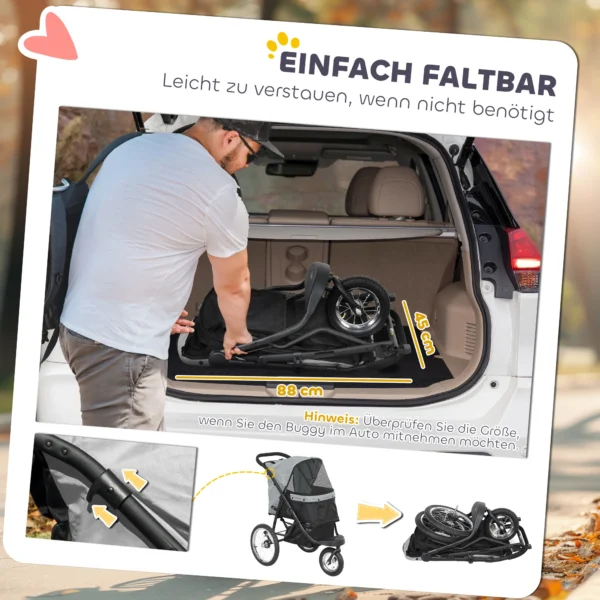 Hondenwagen jogger opvouwbare hondenbuggy voor kleine honden & katten tot 10 kg, kattenbuggy met 3 grote rubberen wielen, kussen, netvensters, opbergmand, kattenwagen met veiligheidslijnen, grijs 8
