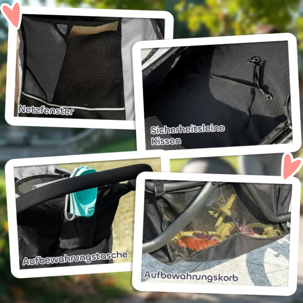 Hondenwagen jogger opvouwbare hondenbuggy voor kleine honden & katten tot 10 kg, kattenbuggy met 3 grote rubberen wielen, kussen, netvensters, opbergmand, kattenwagen met veiligheidslijnen, grijs 9