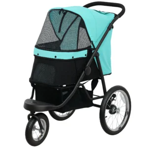 Hondenwagen jogger opvouwbare hondenbuggy voor kleine honden & katten tot 10 kg, kattenbuggy met 3 grote rubberen wielen, kussen, netvensters, opbergmand, kattenwagen met veiligheidslijnen, turkoois 1
