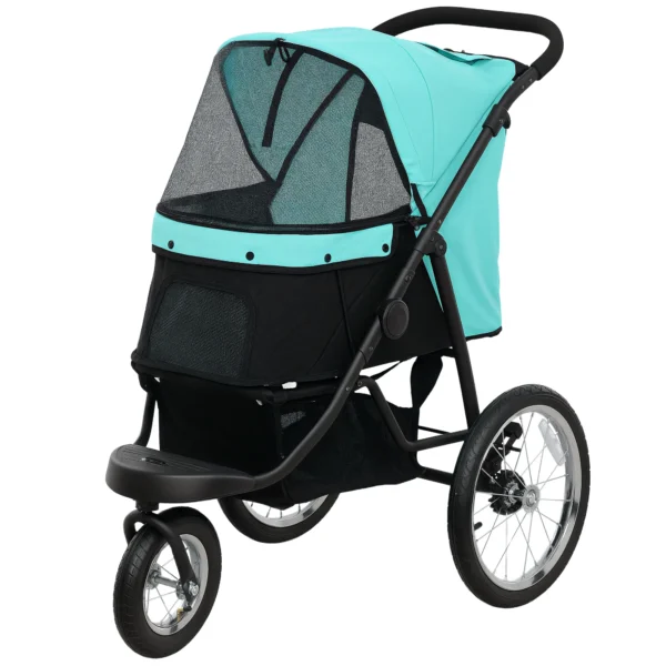 Hondenwagen jogger opvouwbare hondenbuggy voor kleine honden & katten tot 10 kg, kattenbuggy met 3 grote rubberen wielen, kussen, netvensters, opbergmand, kattenwagen met veiligheidslijnen, turkoois 1