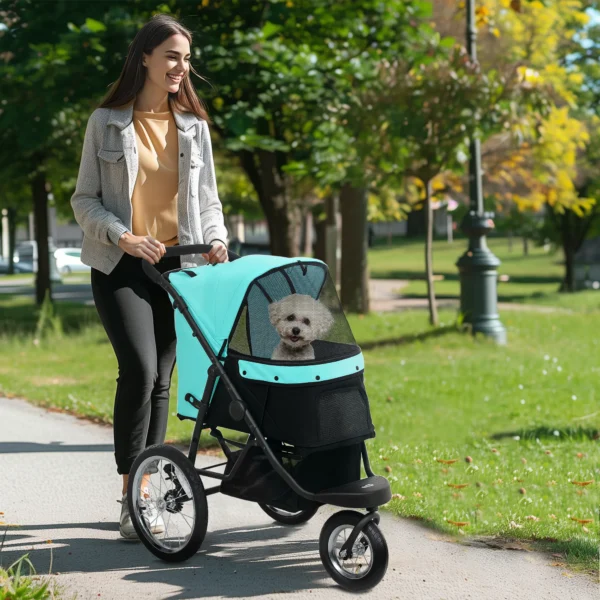 Hondenwagen jogger opvouwbare hondenbuggy voor kleine honden & katten tot 10 kg, kattenbuggy met 3 grote rubberen wielen, kussen, netvensters, opbergmand, kattenwagen met veiligheidslijnen, turkoois 2