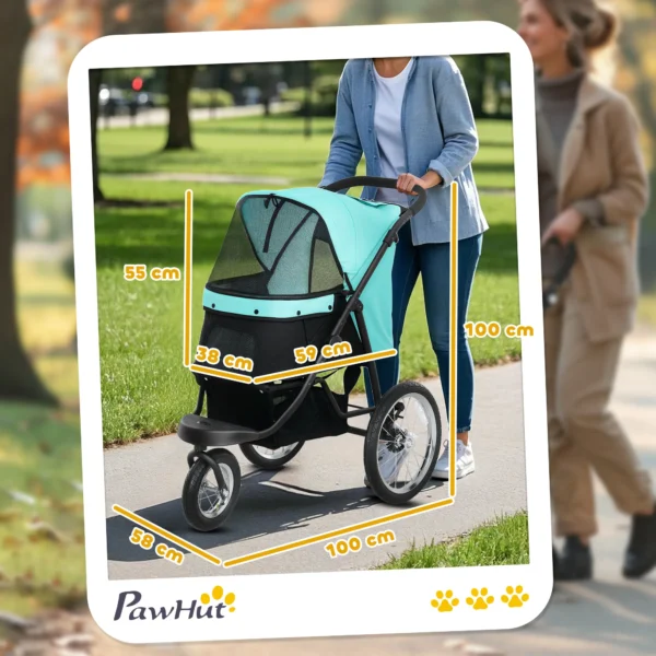 Hondenwagen jogger opvouwbare hondenbuggy voor kleine honden & katten tot 10 kg, kattenbuggy met 3 grote rubberen wielen, kussen, netvensters, opbergmand, kattenwagen met veiligheidslijnen, turkoois 4