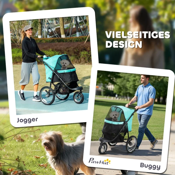 Hondenwagen jogger opvouwbare hondenbuggy voor kleine honden & katten tot 10 kg, kattenbuggy met 3 grote rubberen wielen, kussen, netvensters, opbergmand, kattenwagen met veiligheidslijnen, turkoois 5