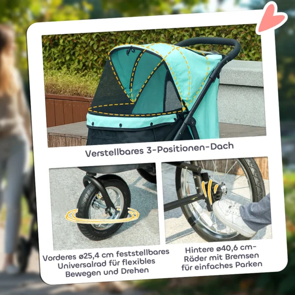 Hondenwagen jogger opvouwbare hondenbuggy voor kleine honden & katten tot 10 kg, kattenbuggy met 3 grote rubberen wielen, kussen, netvensters, opbergmand, kattenwagen met veiligheidslijnen, turkoois 7