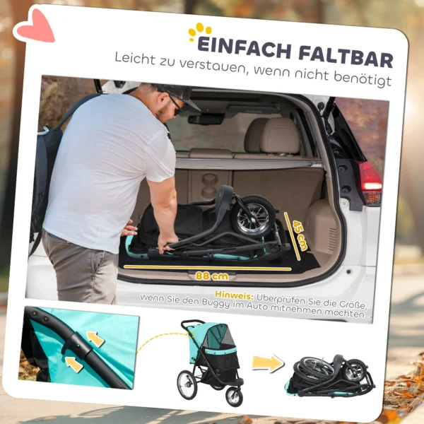 Hondenwagen jogger opvouwbare hondenbuggy voor kleine honden & katten tot 10 kg, kattenbuggy met 3 grote rubberen wielen, kussen, netvensters, opbergmand, kattenwagen met veiligheidslijnen, turkoois 8