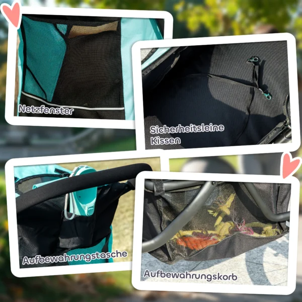Hondenwagen jogger opvouwbare hondenbuggy voor kleine honden & katten tot 10 kg, kattenbuggy met 3 grote rubberen wielen, kussen, netvensters, opbergmand, kattenwagen met veiligheidslijnen, turkoois 9
