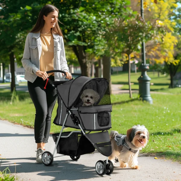 Hondenwagen opvouwbare hondenbuggy voor honden & katten tot 10 kg kattenbuggy met kussen, netvensters, drankhouder, opbergtas, kattenwagen buggy donkergrijs 2