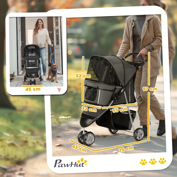 Hondenwagen opvouwbare hondenbuggy voor honden & katten tot 10 kg kattenbuggy met kussen, netvensters, drankhouder, opbergtas, kattenwagen buggy donkergrijs 4