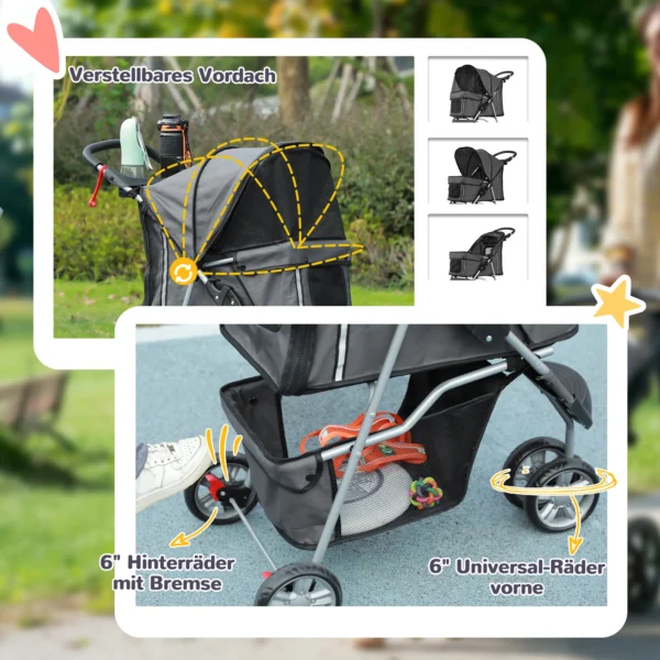Hondenwagen opvouwbare hondenbuggy voor honden & katten tot 10 kg kattenbuggy met kussen, netvensters, drankhouder, opbergtas, kattenwagen buggy donkergrijs 7