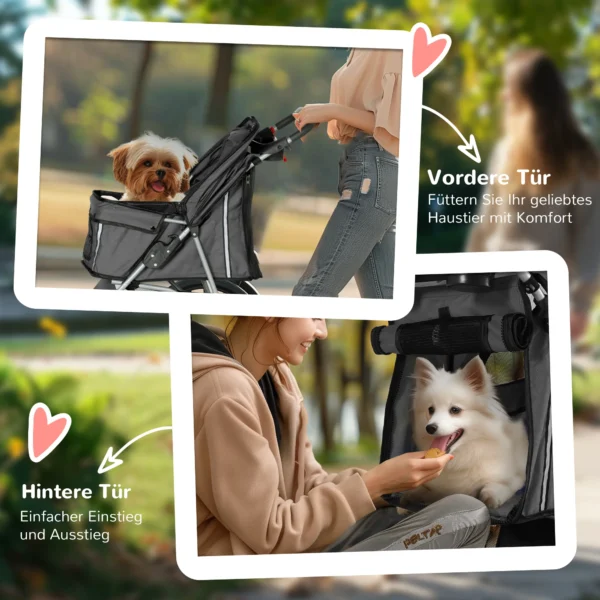 Hondenwagen opvouwbare hondenbuggy voor honden & katten tot 10 kg kattenbuggy met kussen, netvensters, drankhouder, opbergtas, kattenwagen buggy donkergrijs 8