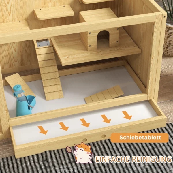 Houten hamsterkooi, speelhuis voor woestijnratten, met schommels, ladders, openklapbaar dak, hut, 100cm, natuur 7