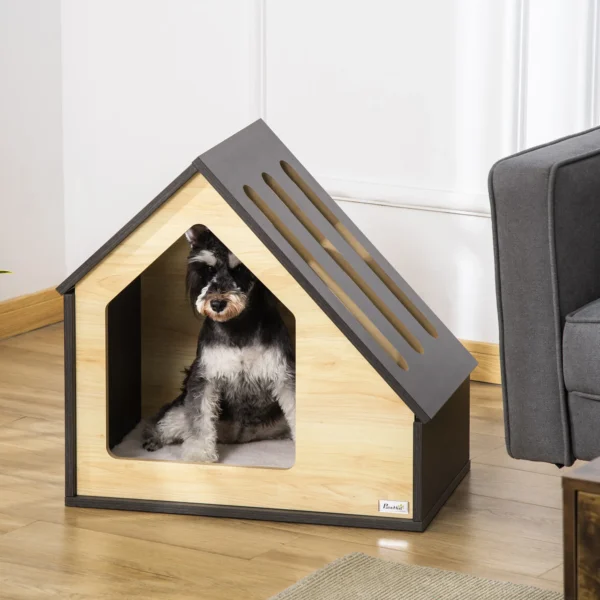 Houten hondenhok gezellige indoor kattenhol & hondenslaapplaats met kussen, voor kleine honden tot 8kg, 60x40x59,2cm 2