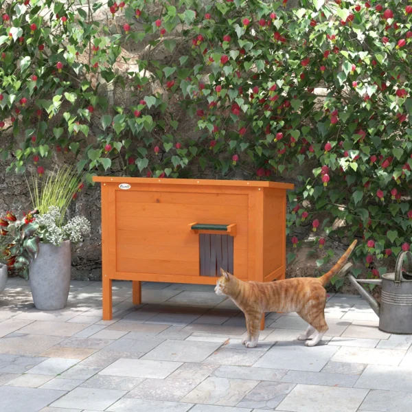 Houten kattenhuis met deurgordijn buiten, geïsoleerd, verhoogd ontwerp, voor kleine dieren, oranje, 60x60x81,5cm 10