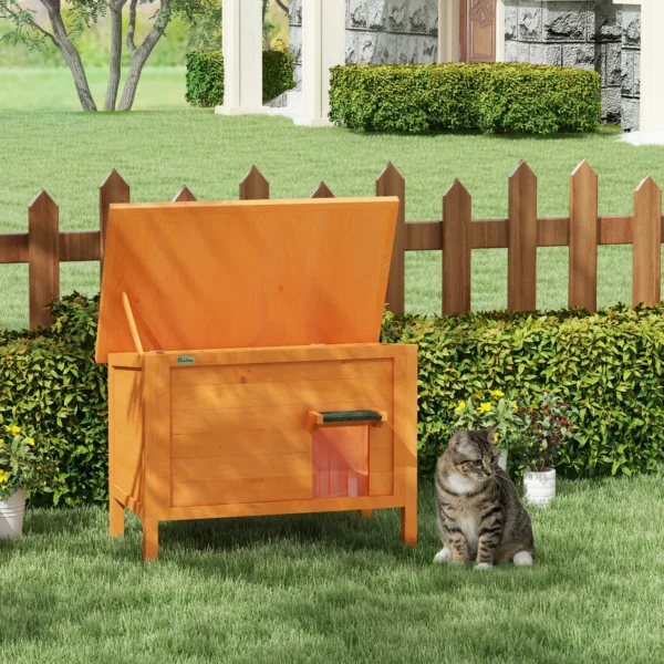 Houten kattenhuis met deurgordijn buiten, geïsoleerd, verhoogd ontwerp, voor kleine dieren, oranje, 60x60x81,5cm 2