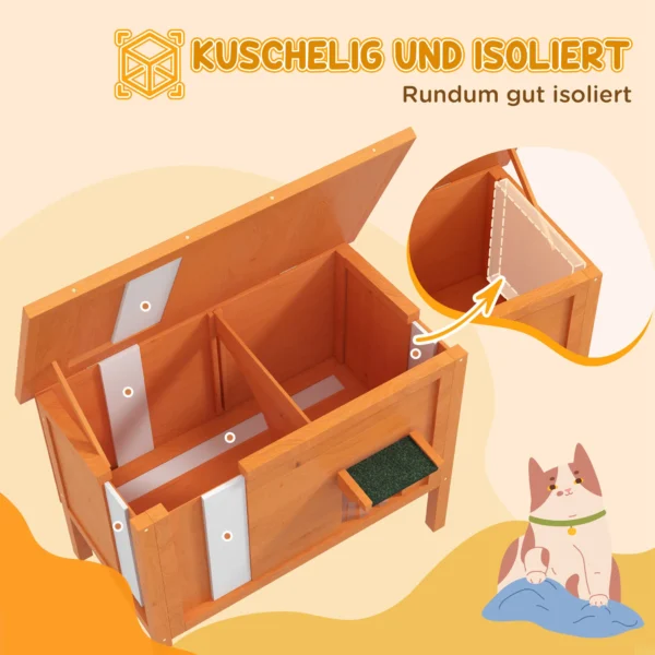 Houten kattenhuis met deurgordijn buiten, geïsoleerd, verhoogd ontwerp, voor kleine dieren, oranje, 60x60x81,5cm 5