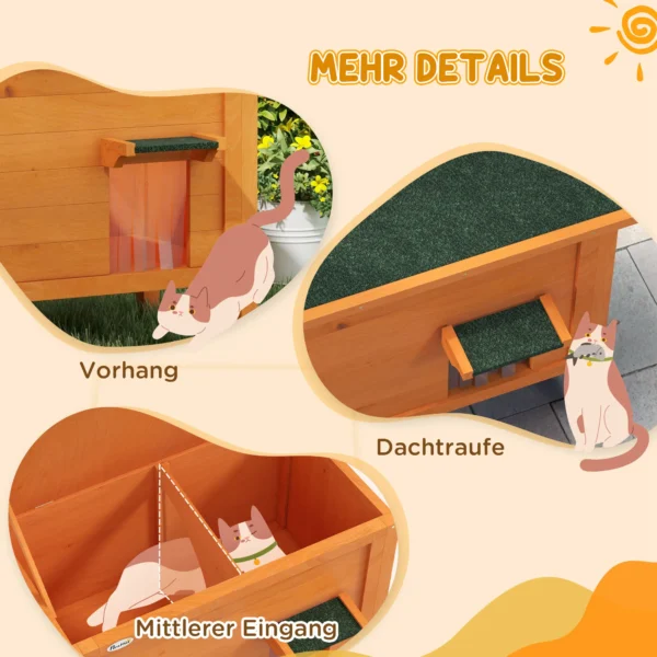 Houten kattenhuis met deurgordijn buiten, geïsoleerd, verhoogd ontwerp, voor kleine dieren, oranje, 60x60x81,5cm 8