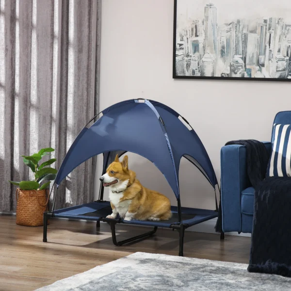 Huisdierbed met baldakijn, verhoogd hondenbed met dak, ademend voor middelgrote honden, donkerblauw, ideaal voor binnen & buiten 2