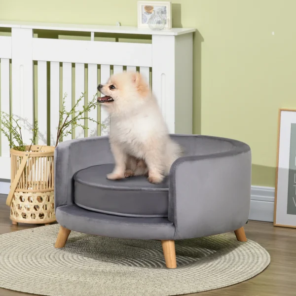 Huisdiersofa voor middelgrote honden, verhoogd hondenbed met houten frame, grijs 68x68x35cm, comfortabel & stijlvol 2