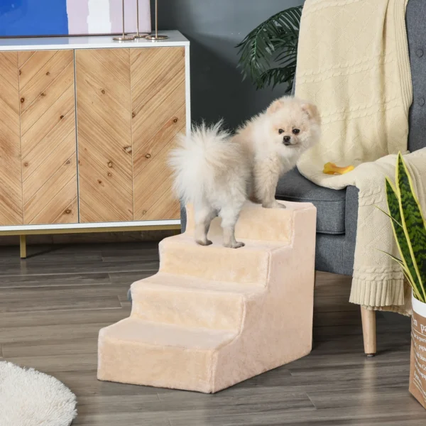 Huisdiertrap 4 traps hondenloopplank met afneembare hoes kattentrap hondentrap dierentrap spaanplaat pluche beige 60 x 35 x 44 cm 2