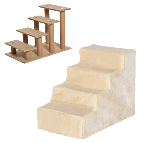 Huisdiertrap 4 traps hondenloopplank met afneembare hoes kattentrap hondentrap dierentrap spaanplaat pluche beige 60 x 35 x 44 cm 9