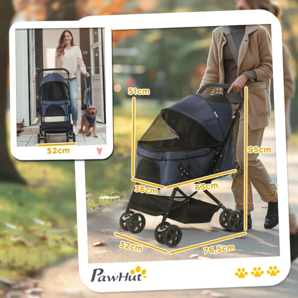 Huisdierwagen katzenbuggy oxford blauw 76,5x52x95cm voor kleine honden en katten, opvouwbaar & licht 4