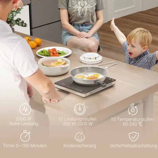 Inductiekookplaat kookplaat 1 plaat draagbare inductiekookplaat met 10 vermogensniveaus en temperatuurniveaus, 2000 w, timer, kinderslot, zwart 5