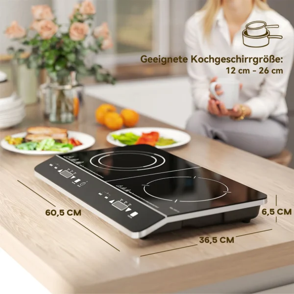 Inductiekookplaat kookplaat 2 plaat draagbare inductiekookplaat met 8 vermogensniveaus en 10 temperatuurniveaus, 3500 w, kinderslot, timer, zwart 4
