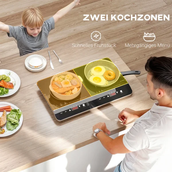 Inductiekookplaat kookplaat 2 plaat draagbare inductiekookplaat met 8 vermogensniveaus en 10 temperatuurniveaus, 3500 w, kinderslot, timer, zwart 6