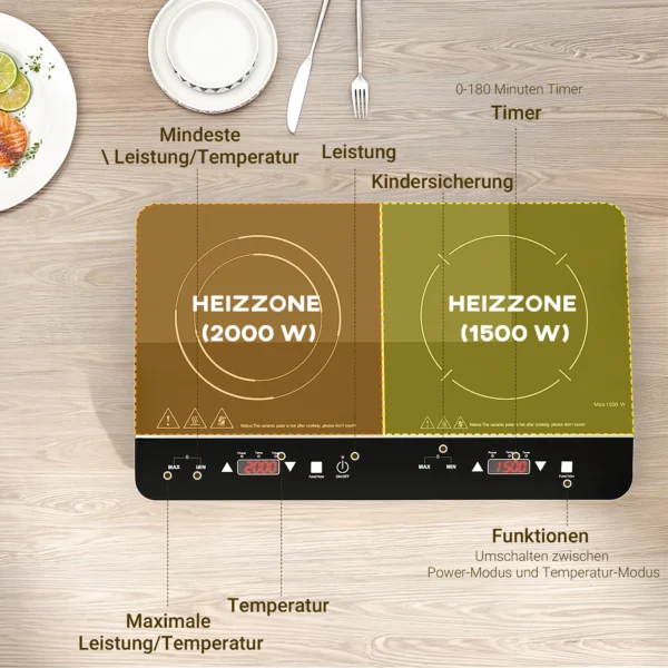 Inductiekookplaat kookplaat 2 plaat draagbare inductiekookplaat met 8 vermogensniveaus en 10 temperatuurniveaus, 3500 w, kinderslot, timer, zwart 8