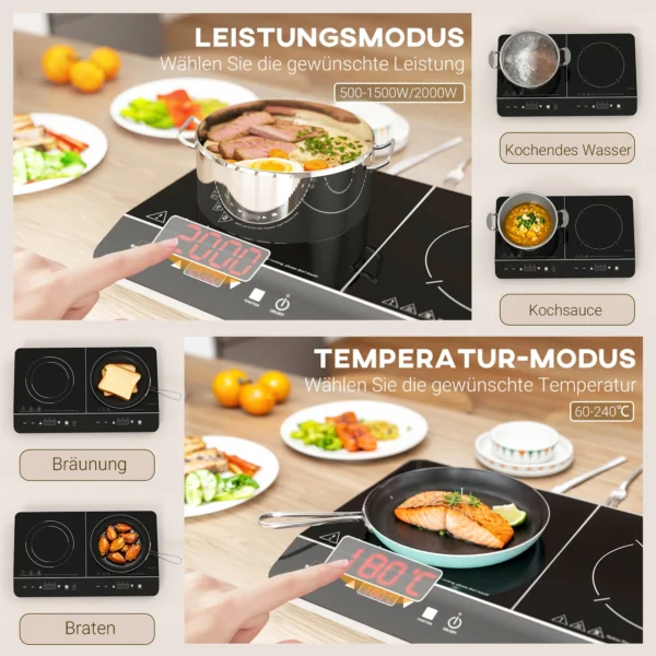 Inductiekookplaat kookplaat 2 plaat draagbare inductiekookplaat met 8 vermogensniveaus en 10 temperatuurniveaus, 3500 w, kinderslot, timer, zwart 9