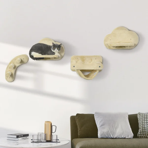 Katten klimmuur set 4 delig 3 traps ladder 2 springplatforms hangmat met pluche hoes beige voor actief spelen 2