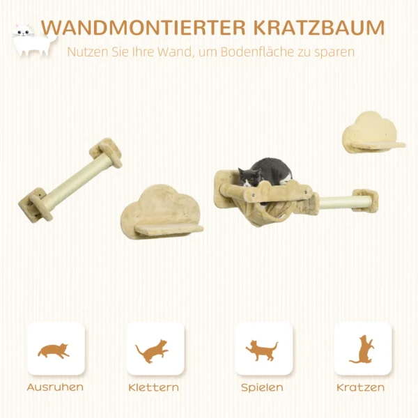 Katten klimmuur set 5 delig met trap in schattige wolkvorm, 2 krabpalen, platforms, pluche hangmat, beige 5